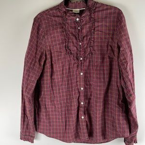 LL Bean Blouse Large Button Down Plaid Smocked Puff Sleeve Peasant